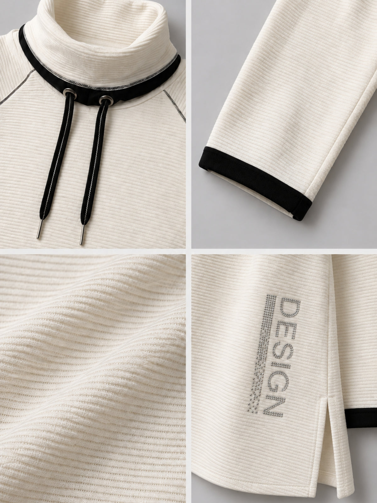 Schriftzug aus aufgesetzten Straßsteinen am ecrufarbenen Pullover, Detailansicht