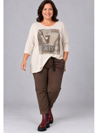 Lea H Curve Shirt Modal-Mix mit Straß-Motiv A-Linie – Beige Gr. 44–54