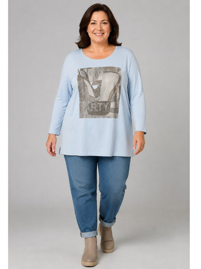 Lea H Curve Shirt Modal-Mix mit Straß-Motiv A-Linie – Hellblau Gr. 44–54