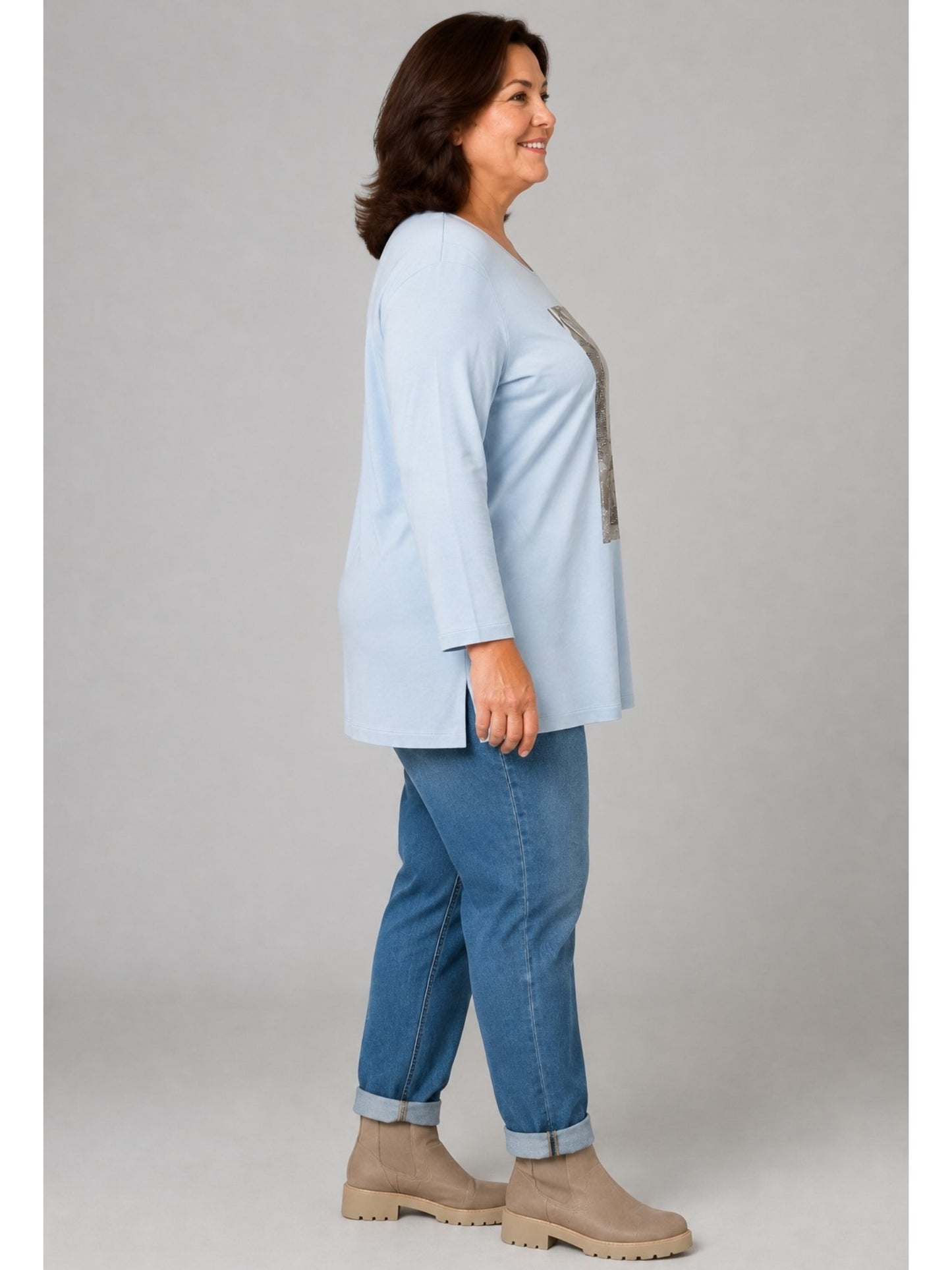 Lea H Curve Shirt Modal-Mix mit Straß-Motiv A-Linie – Hellblau Gr. 44–54