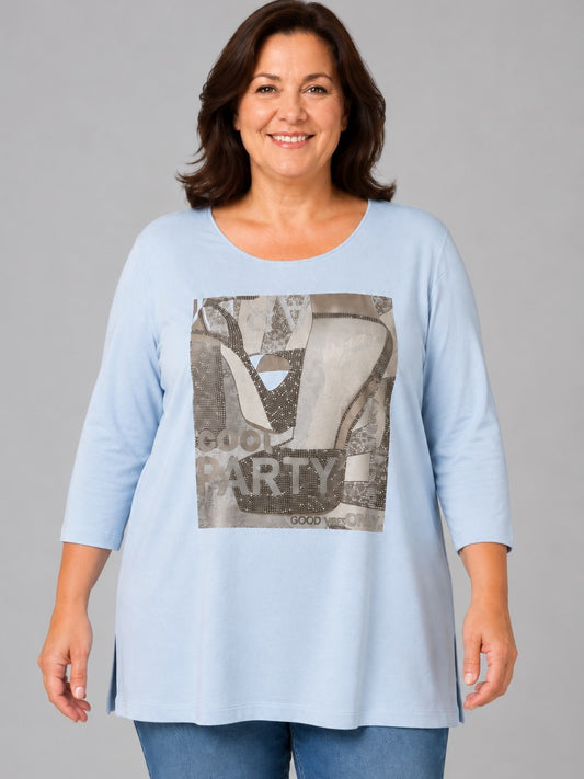 Lea H Curve Shirt Modal-Mix mit Straß-Motiv A-Linie – Hellblau Gr. 44–54