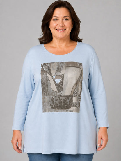 Lea H Curve Shirt Modal-Mix mit Straß-Motiv A-Linie – Hellblau Gr. 44–54