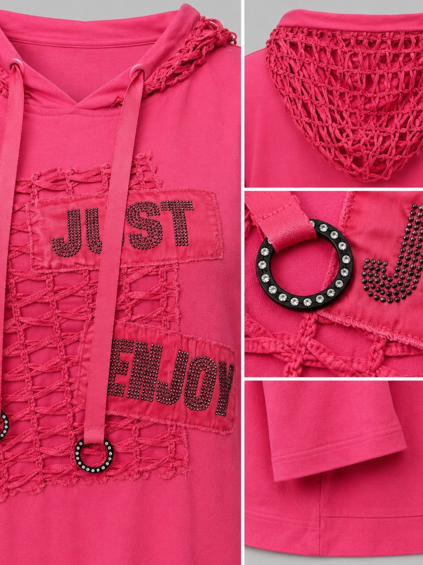 Lea H Curve Kapuzenshirt Baumwolle mit Netz und Straß A-Linie – Pink Gr. 44–54