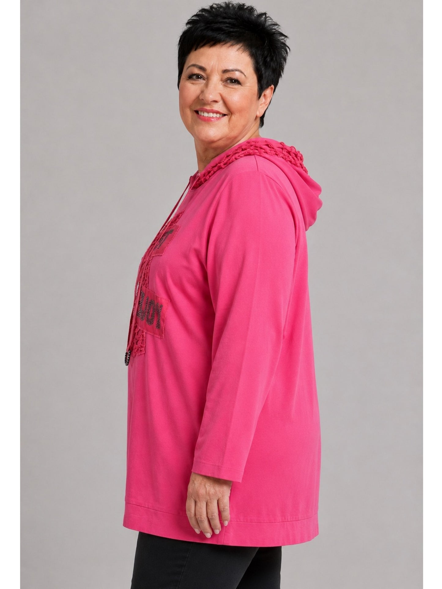 Lea H Curve Kapuzenshirt Baumwolle mit Netz und Straß A-Linie – Pink Gr. 44–54