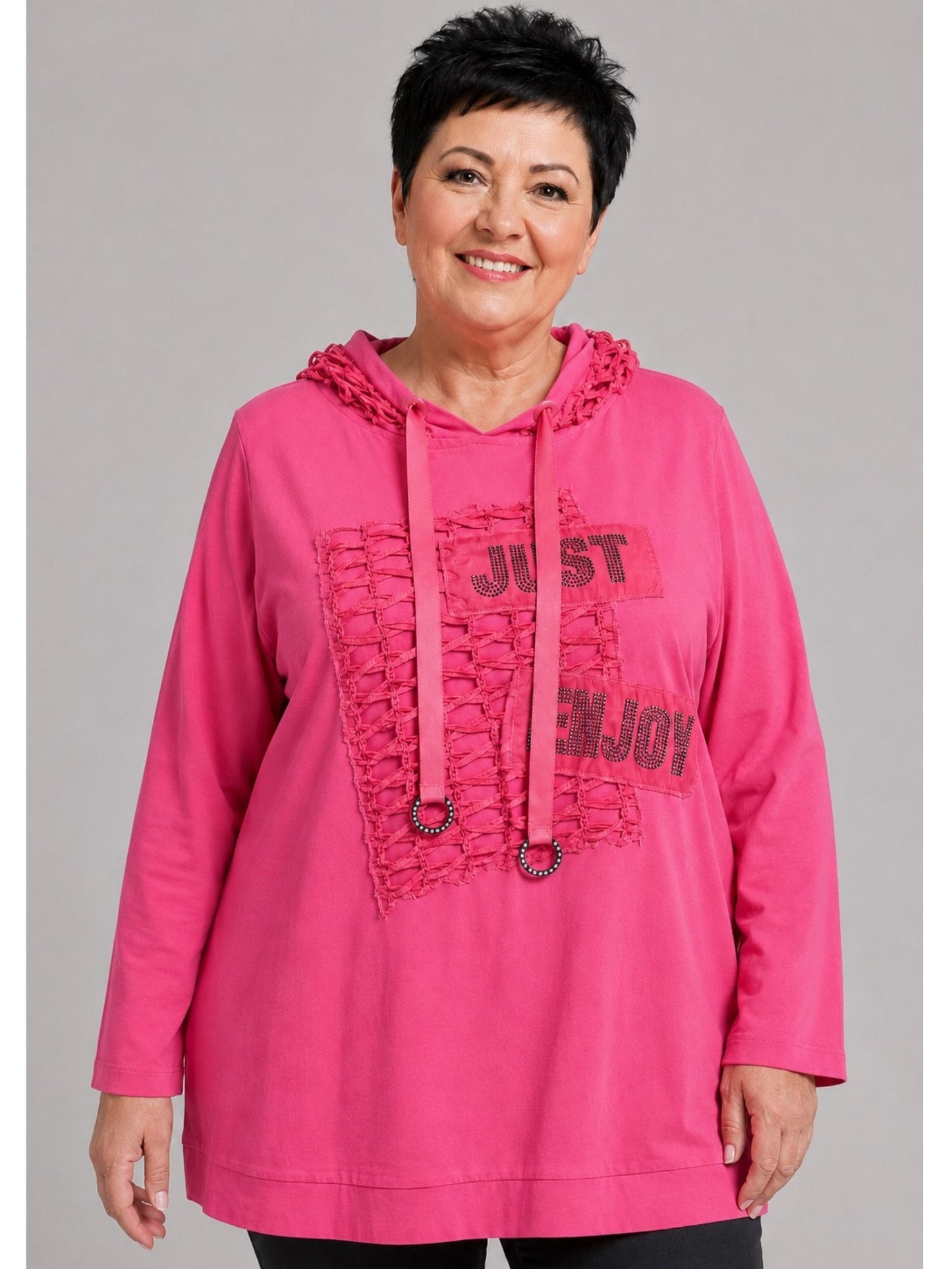 Lea H Curve Kapuzenshirt Baumwolle mit Netz und Straß A-Linie – Pink Gr. 44–54