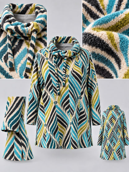 Kragenkordel mit Metallösen und der flauschige Chenille-Stoff des bunten Pullovers, Detailansicht