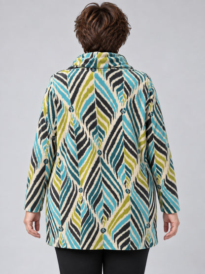 Bunter Chenille-Pullover mit Türkis-, Kiwi- und Schwarzmuster, getragen, Rückansicht