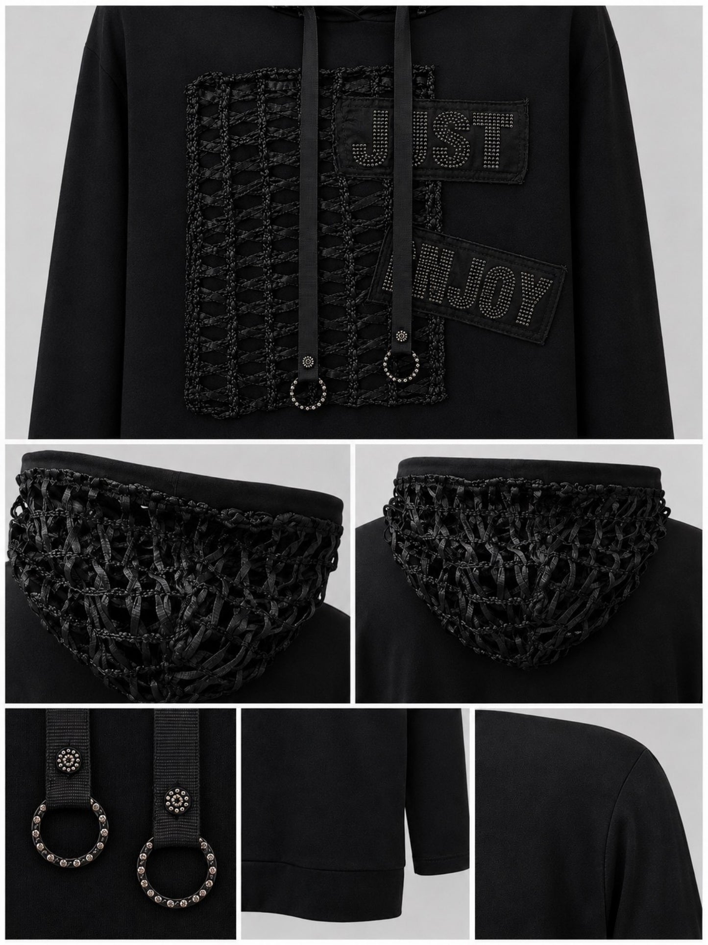Lea H Curve Kapuzenshirt Baumwolle mit Netz und Straß A-Linie – Schwarz Gr. 44–54