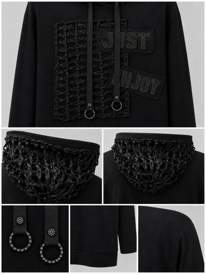 Lea H Curve Kapuzenshirt Baumwolle mit Netz und Straß A-Linie – Schwarz Gr. 44–54