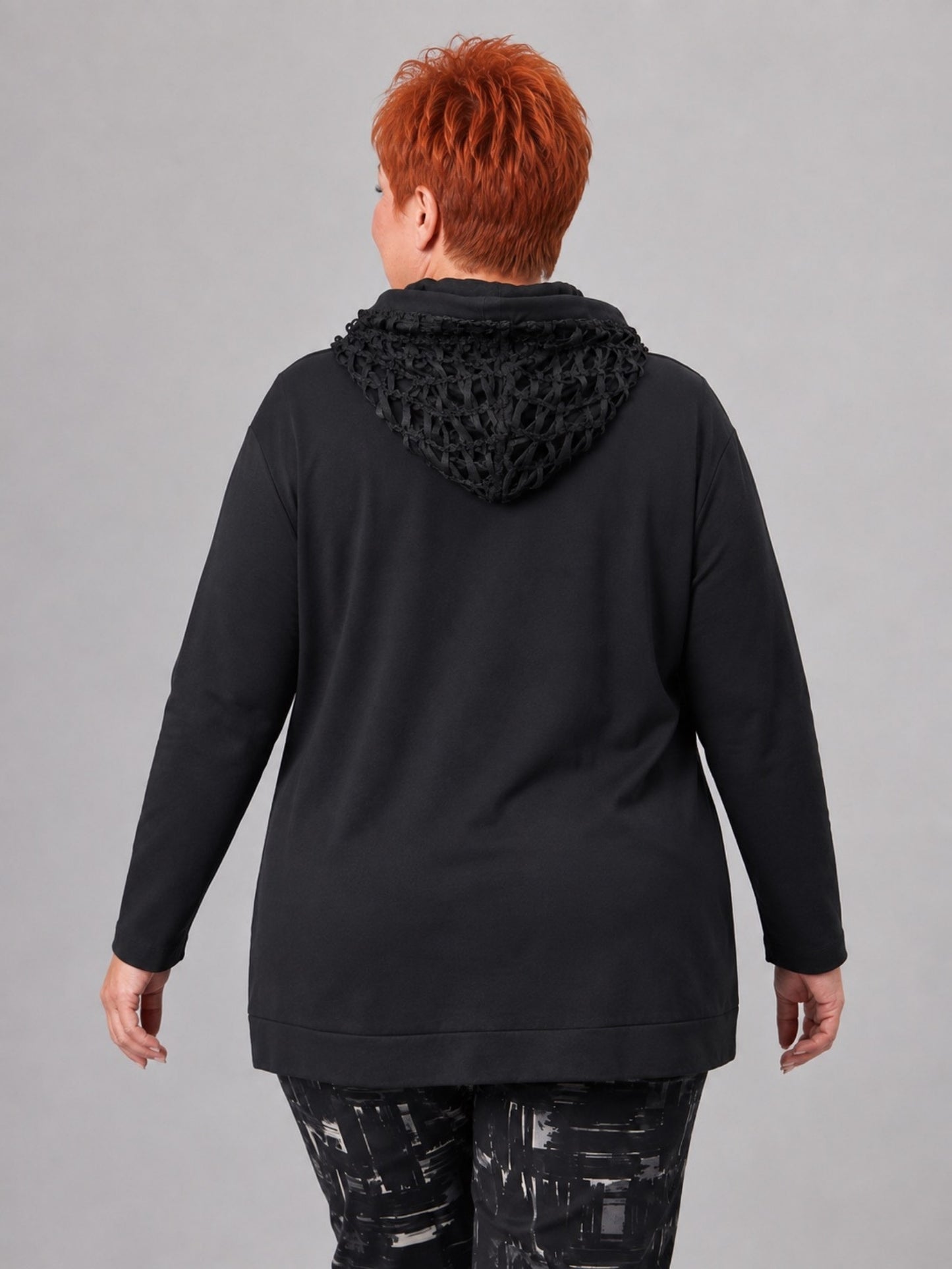 Lea H Curve Kapuzenshirt Baumwolle mit Netz und Straß A-Linie – Schwarz Gr. 44–54