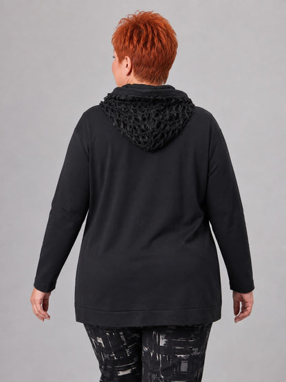 Lea H Curve Kapuzenshirt Baumwolle mit Netz und Straß A-Linie – Schwarz Gr. 44–54