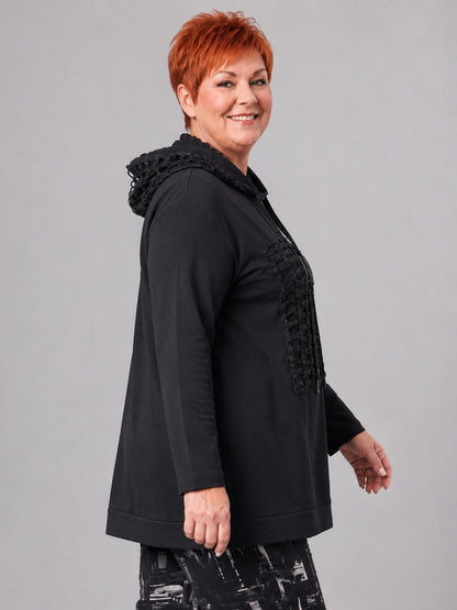 Lea H Curve Kapuzenshirt Baumwolle mit Netz und Straß A-Linie – Schwarz Gr. 44–54