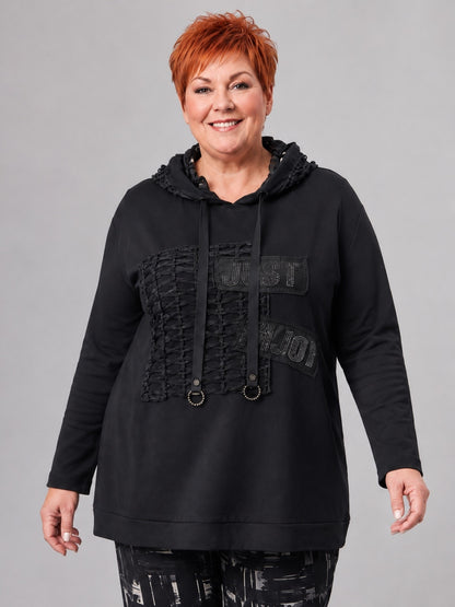 Lea H Curve Kapuzenshirt Baumwolle mit Netz und Straß A-Linie – Schwarz Gr. 44–54