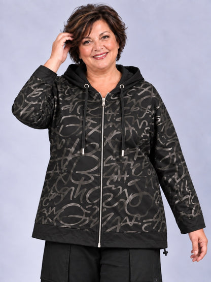 Lea H Curve Sweatjacke mit Kapuze und Schrift-Print – Schwarz/Silber Gr. 44–54