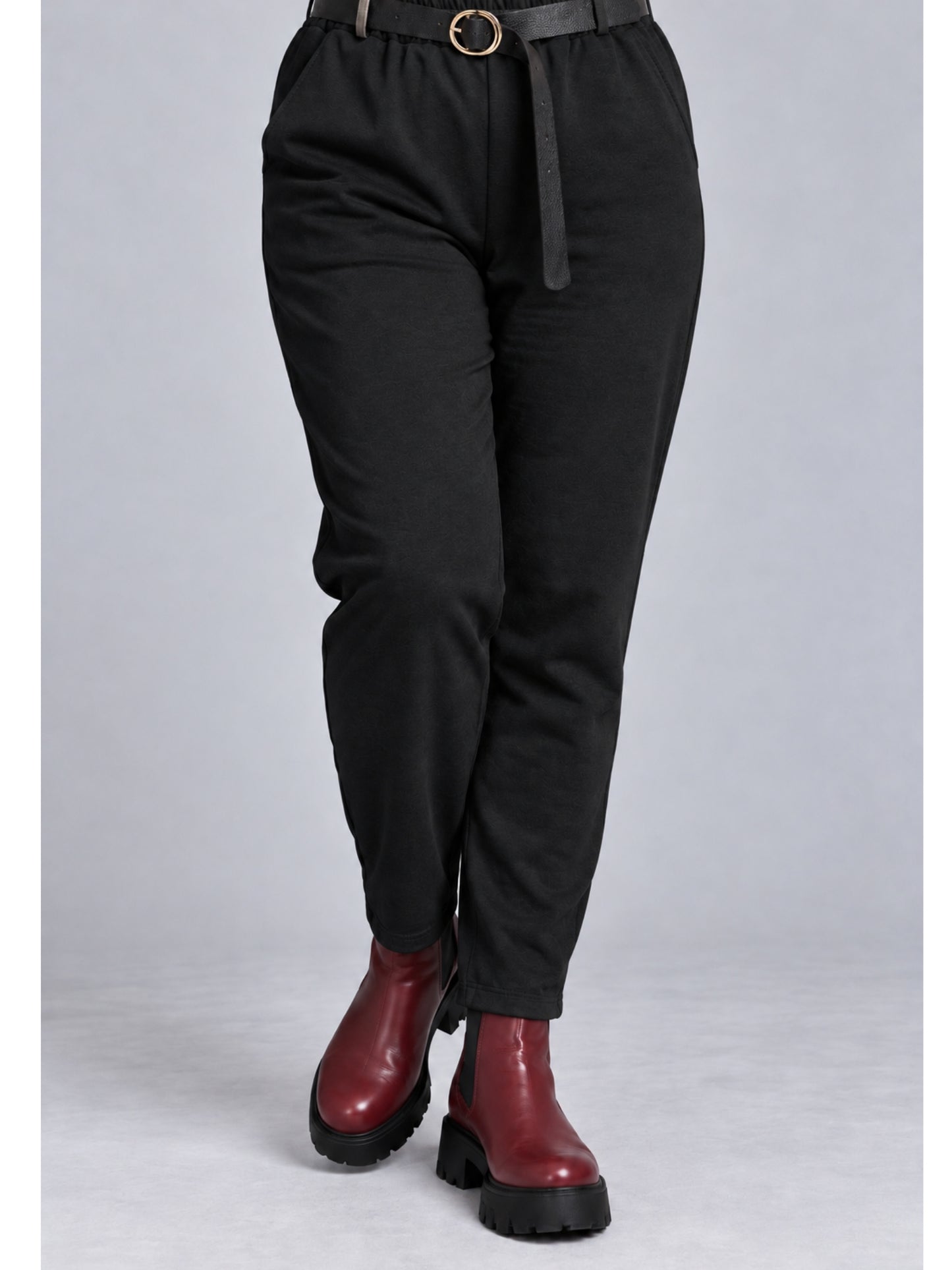 Lea H Curve Hose Twill angeraut mit Gummizug und Gürtel – Sand, Schokobraun, Schwarz Gr. 44–54
