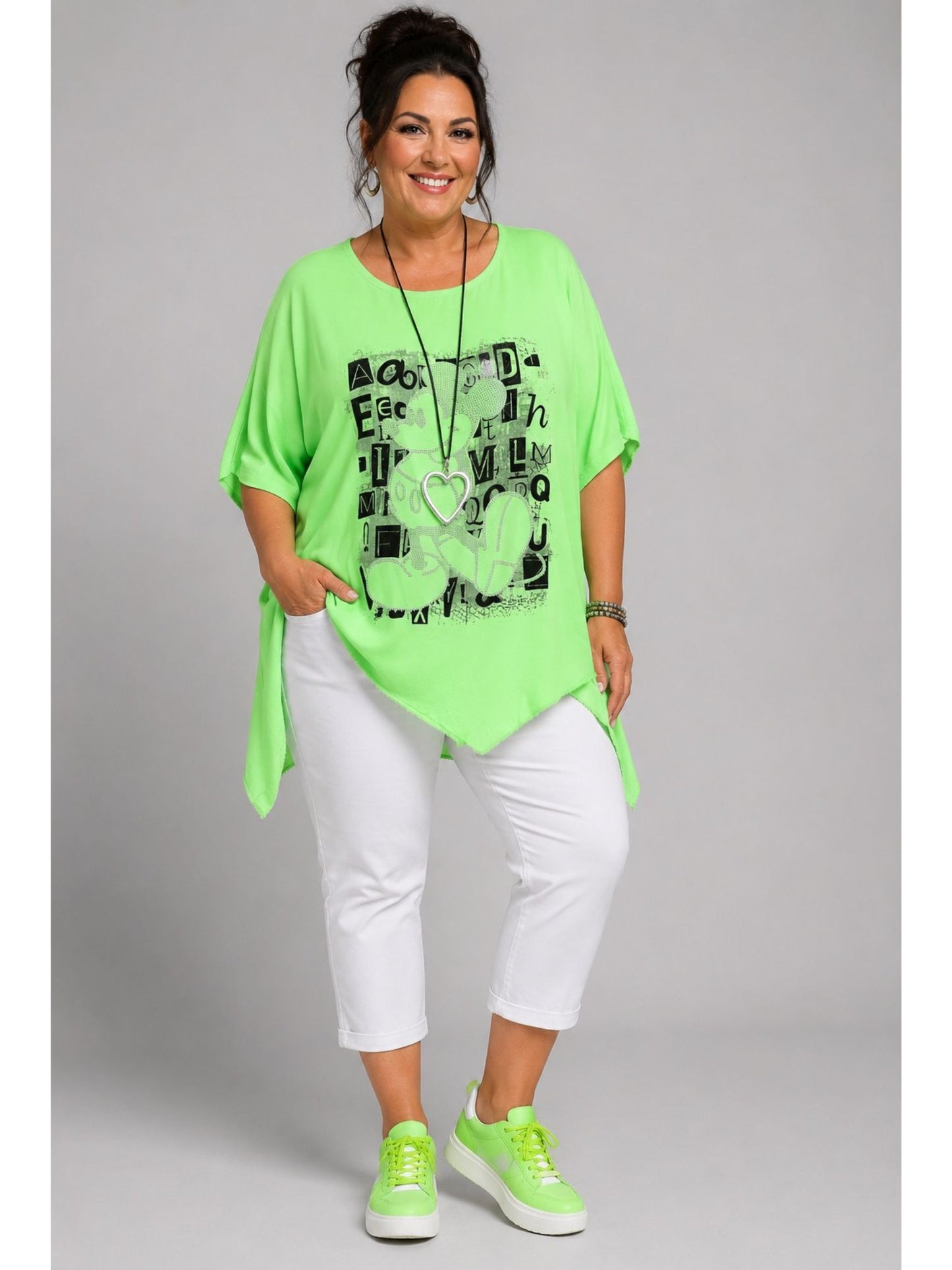 Shirt Grafik-Print Straß asymmetrischer Saum große Größen – Neon-Grün, Neon-Gelb, Neon-Orange, Einheitsgröße 48–56