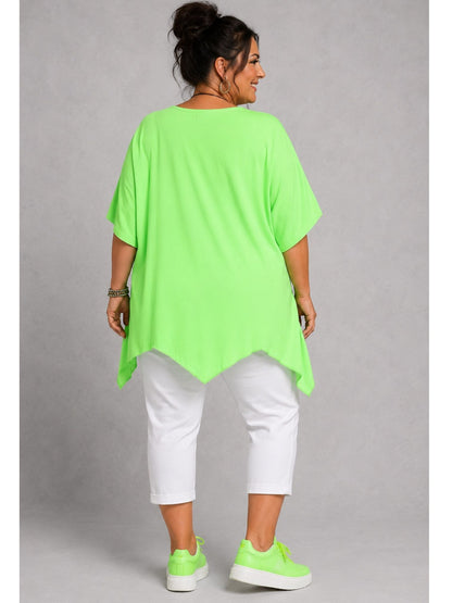 Shirt Grafik-Print Straß asymmetrischer Saum große Größen – Neon-Grün, Neon-Gelb, Neon-Orange, Einheitsgröße 48–56