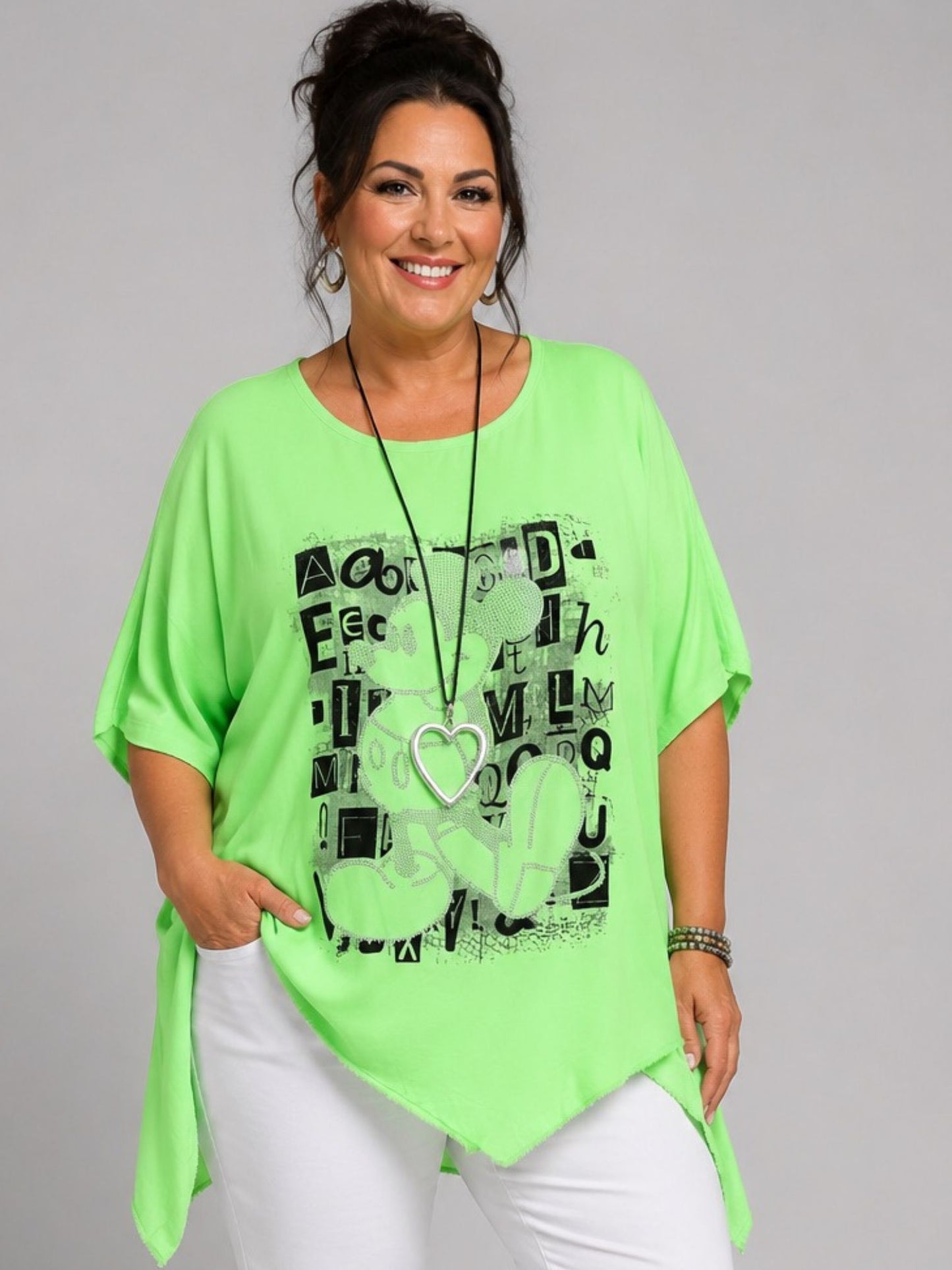 Shirt Grafik-Print Straß asymmetrischer Saum große Größen – Neon-Grün, Neon-Gelb, Neon-Orange, Einheitsgröße 48–56