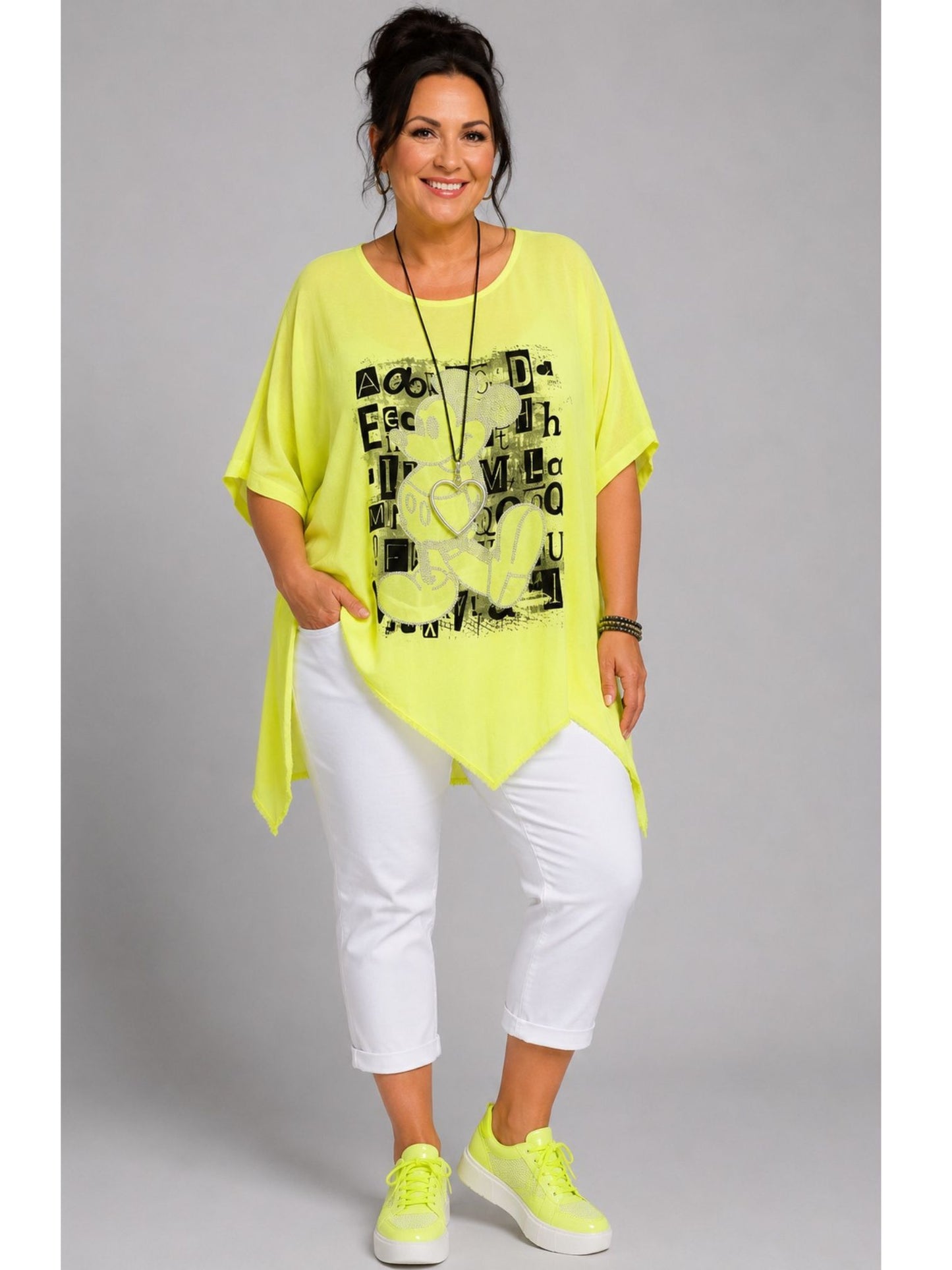 Shirt Grafik-Print Straß asymmetrischer Saum große Größen – Neon-Grün, Neon-Gelb, Neon-Orange, Einheitsgröße 48–56