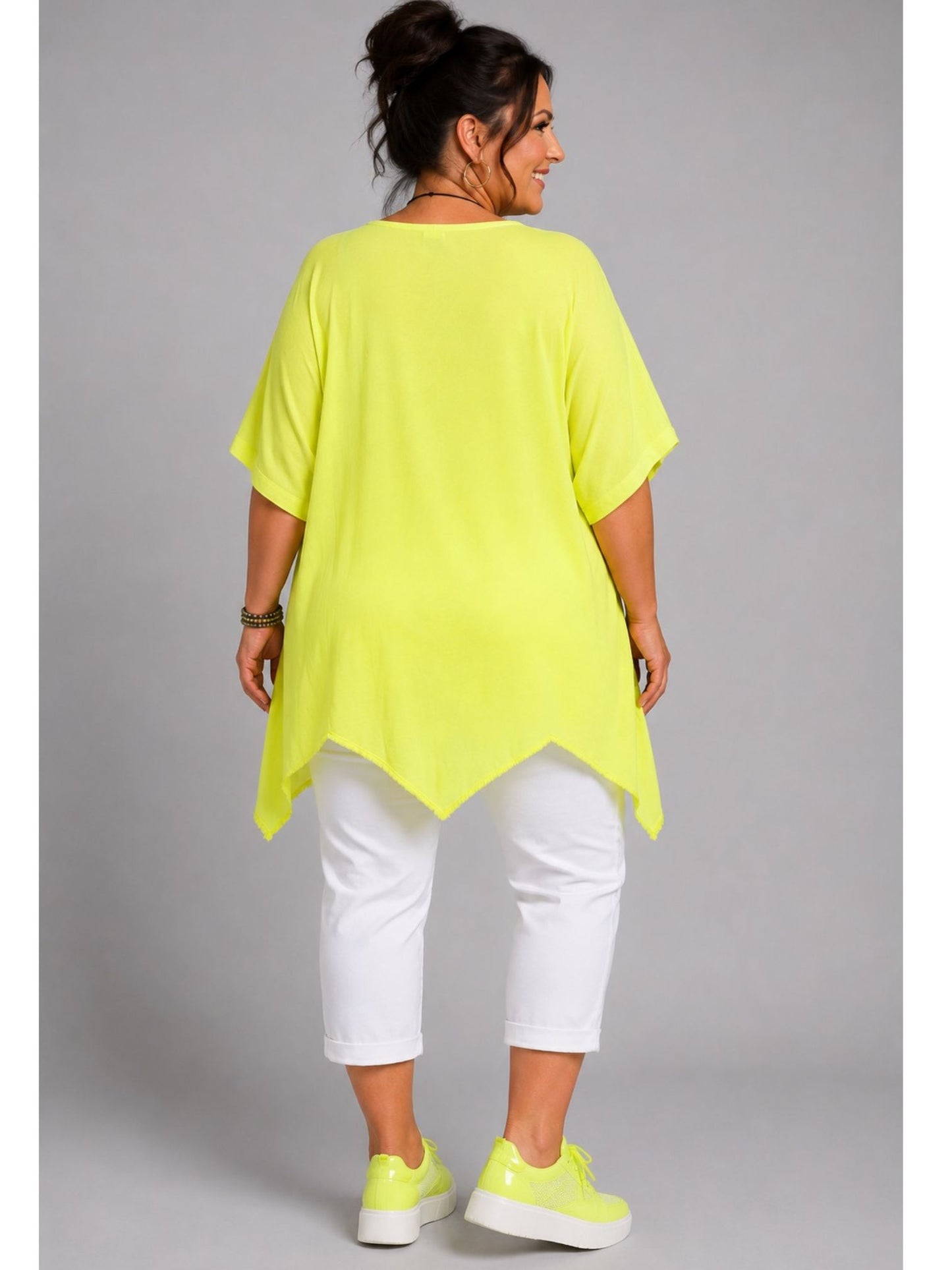 Shirt Grafik-Print Straß asymmetrischer Saum große Größen – Neon-Grün, Neon-Gelb, Neon-Orange, Einheitsgröße 48–56