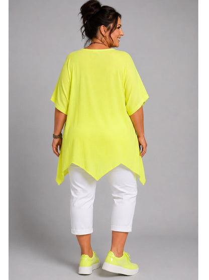 Shirt Grafik-Print Straß asymmetrischer Saum große Größen – Neon-Grün, Neon-Gelb, Neon-Orange, Einheitsgröße 48–56