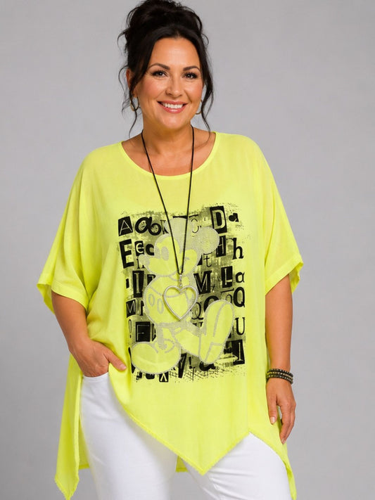 Shirt Grafik-Print Straß asymmetrischer Saum große Größen – Neon-Grün, Neon-Gelb, Neon-Orange, Einheitsgröße 48–56