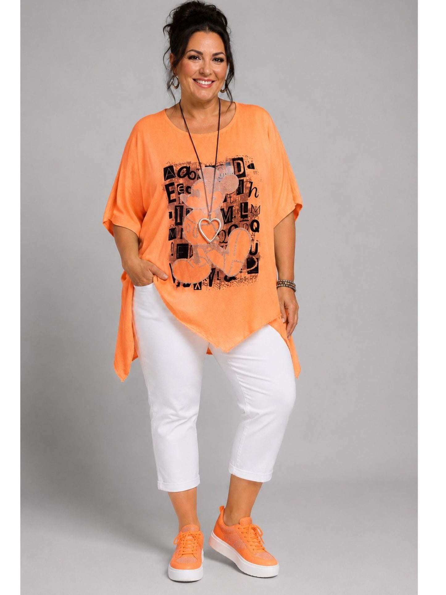 Shirt Grafik-Print Straß asymmetrischer Saum große Größen – Neon-Grün, Neon-Gelb, Neon-Orange, Einheitsgröße 48–56