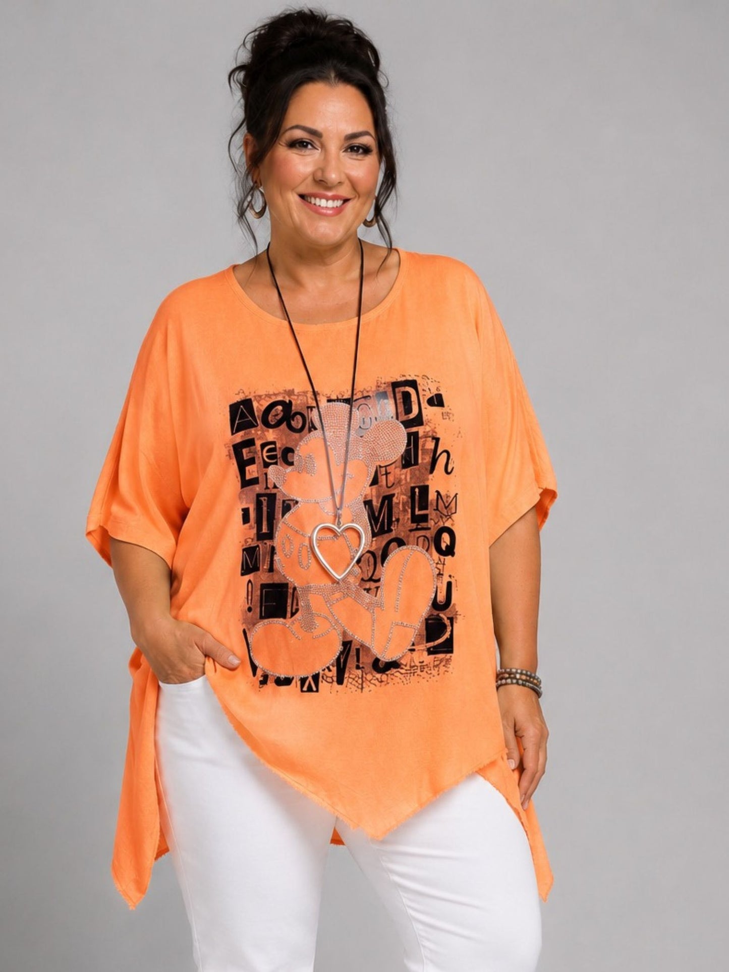 Shirt Grafik-Print Straß asymmetrischer Saum große Größen – Neon-Grün, Neon-Gelb, Neon-Orange, Einheitsgröße 48–56
