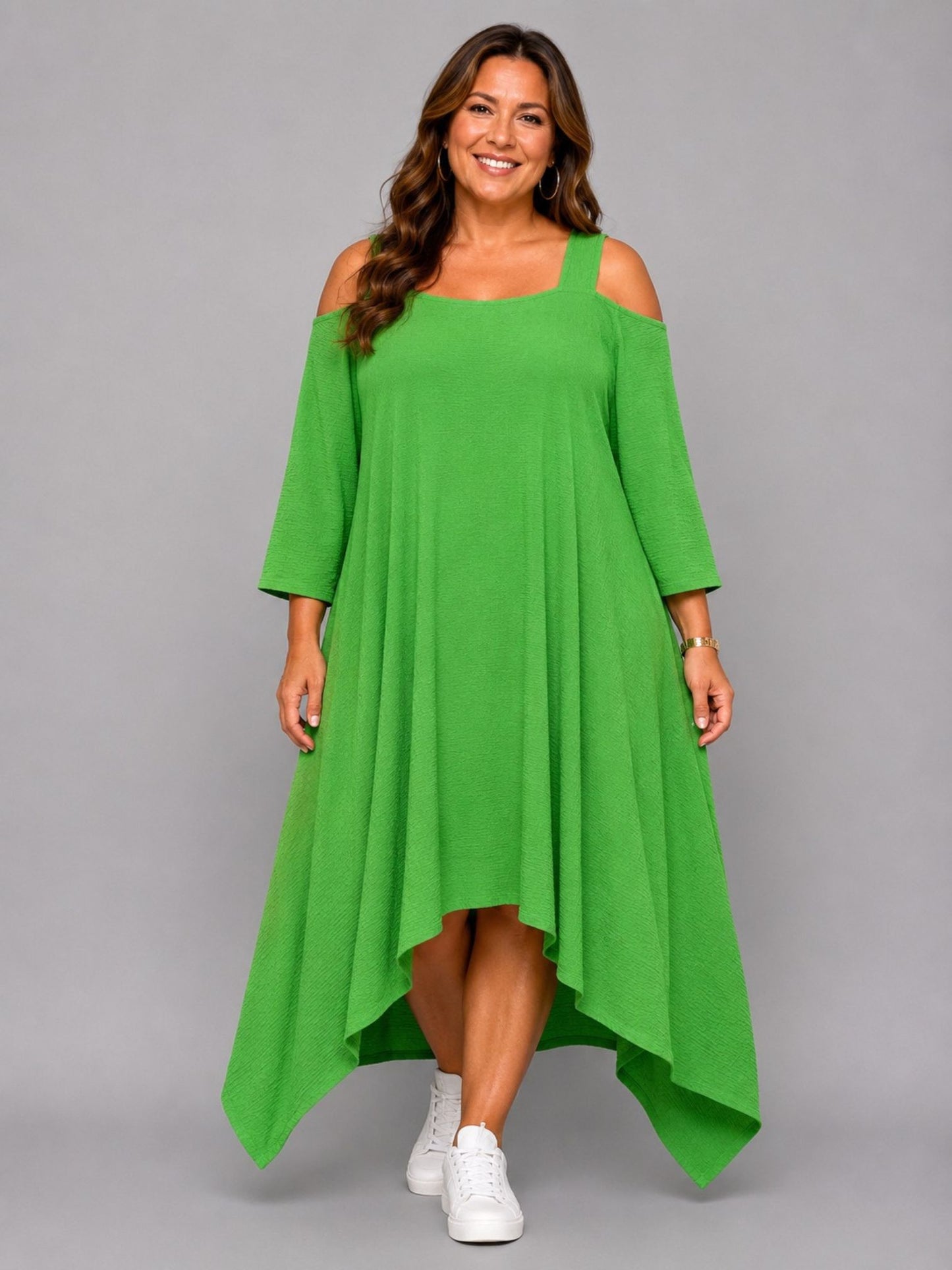 Momente Kleid Cut-Outs 3/4-Arm Zipfelsaum – Schwarz, Weiß, Grün, Kiwi & Pink Gr. 1–2 (EU 42–58)