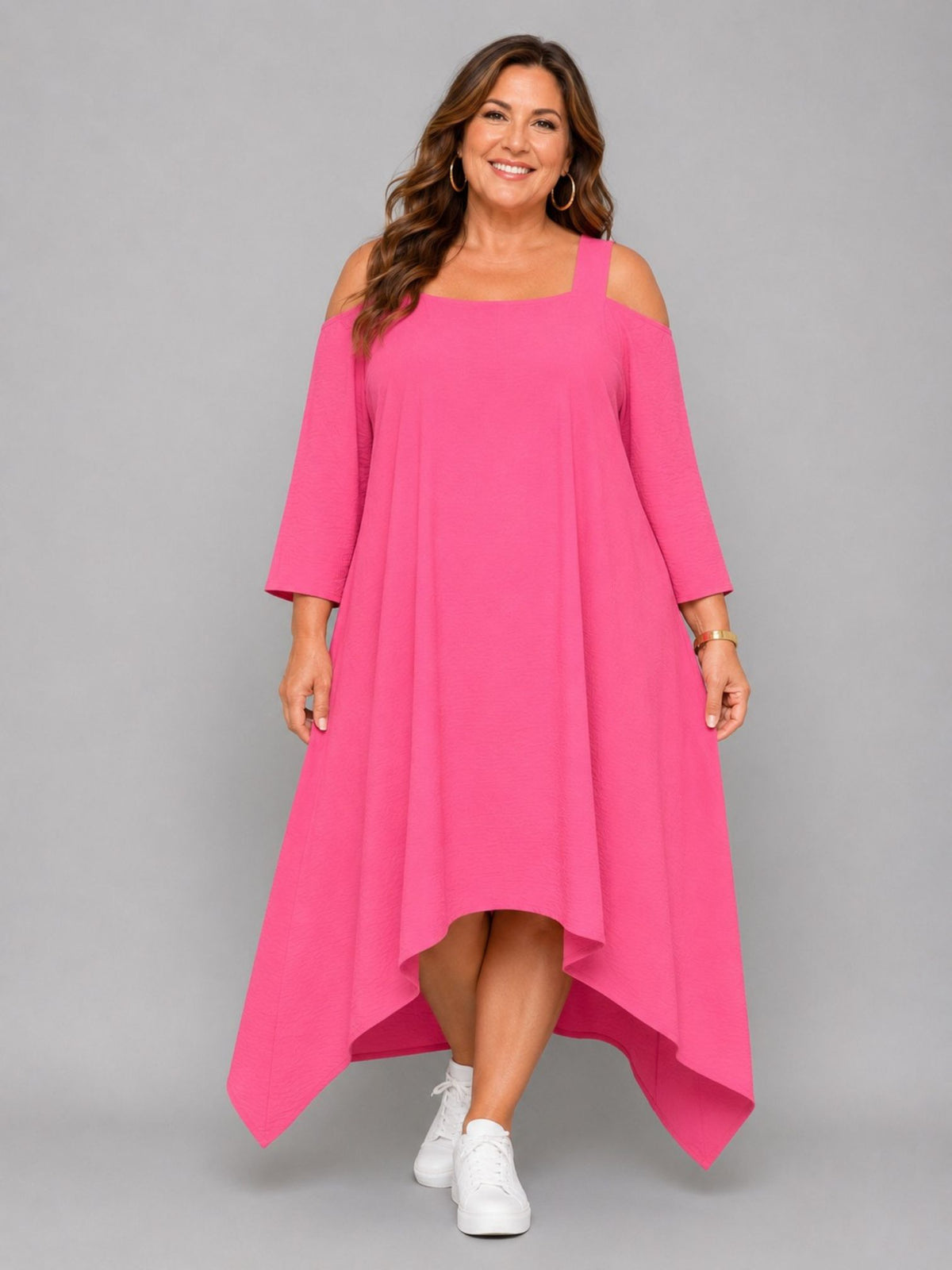 Momente Kleid Cut-Outs 3/4-Arm Zipfelsaum – Schwarz, Weiß, Grün, Kiwi & Pink Gr. 1–2 (EU 42–58)