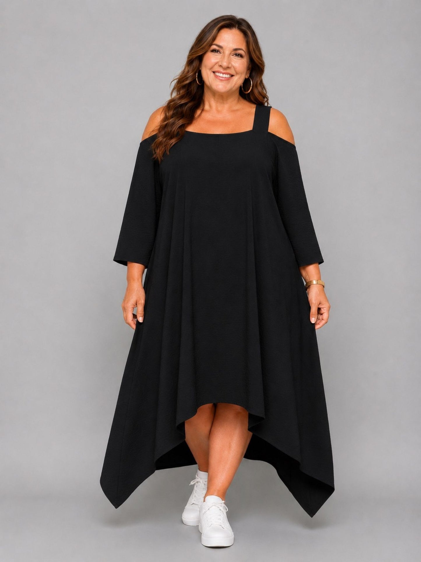 Momente Kleid Cut-Outs 3/4-Arm Zipfelsaum – Schwarz, Weiß, Grün, Kiwi & Pink Gr. 1–2 (EU 42–58)