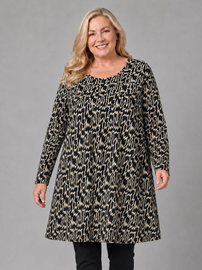 Naveed Shirt-Tunika Viskose Zickzack-Druck Oversize – Einheitsgröße 50–60, Schwarz/Beige