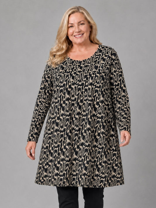 Naveed Shirt-Tunika Viskose Zickzack-Druck Oversize – Einheitsgröße 50–60, Schwarz/Beige