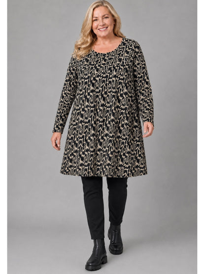 Naveed Shirt-Tunika Viskose Zickzack-Druck Oversize – Einheitsgröße 50–60, Schwarz/Beige
