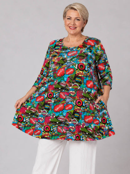 Naveed Shirt-Tunika A-Linie – Comic-Print in Türkis, Pink & Rot – Große Größen 44–62