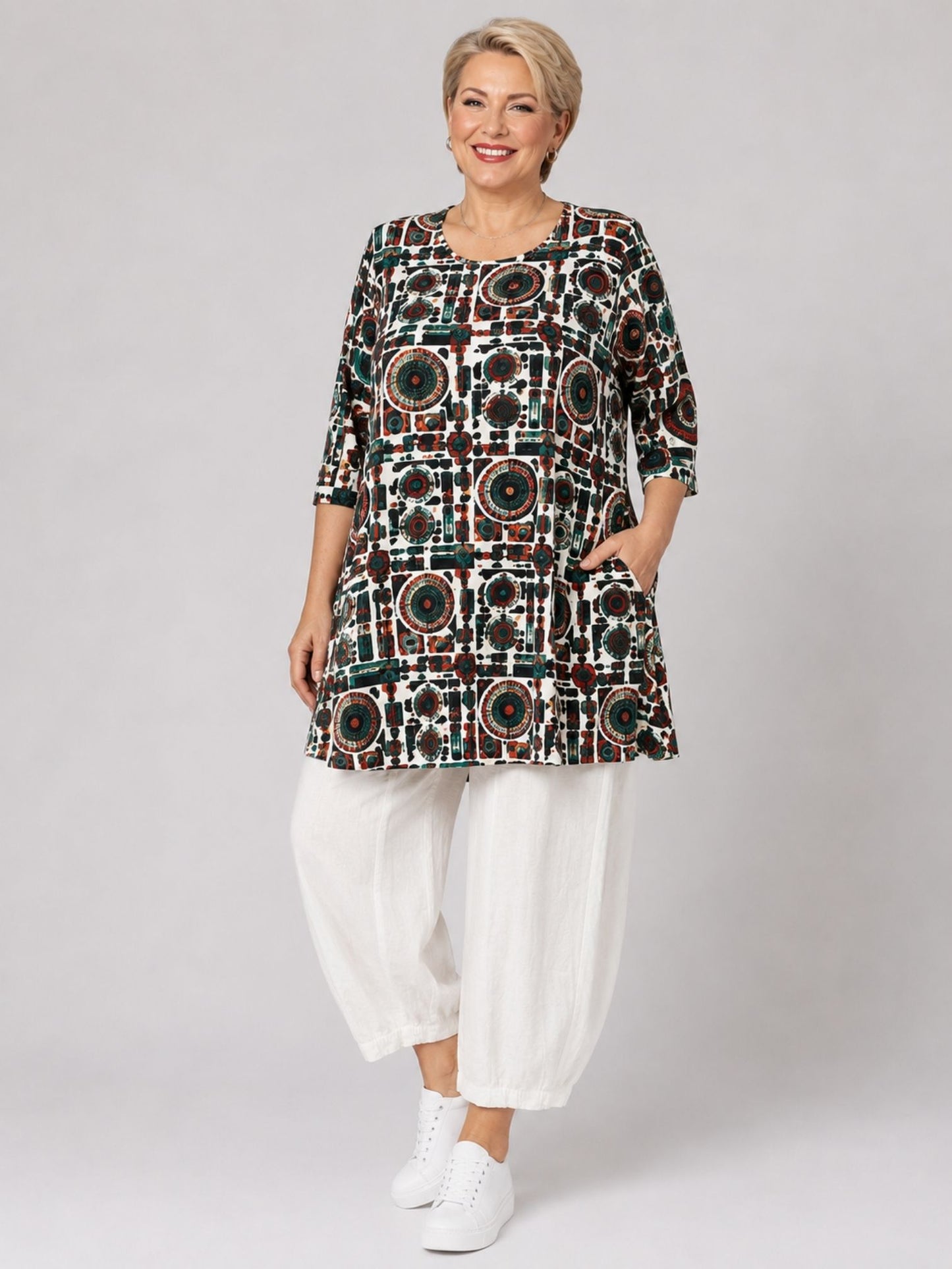 Naveed Shirt-Tunika A-Linie – grafischer Print in Petrol, Dunkelrot & Orange – Große Größen 44–62