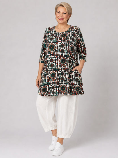 Naveed Shirt-Tunika A-Linie – grafischer Print in Petrol, Dunkelrot & Orange – Große Größen 44–62