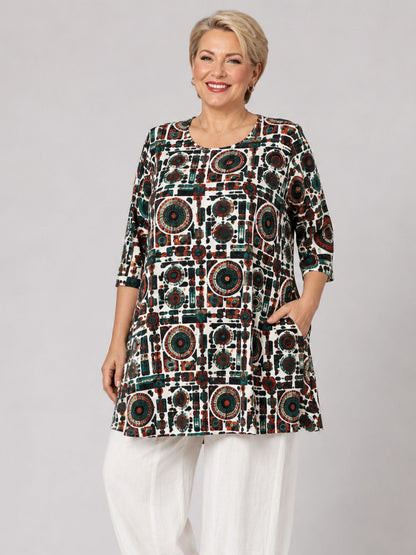 Naveed Shirt-Tunika A-Linie – grafischer Print in Petrol, Dunkelrot & Orange – Große Größen 44–62