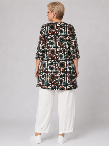 Naveed Shirt-Tunika A-Linie – grafischer Print in Petrol, Dunkelrot & Orange – Große Größen 44–62