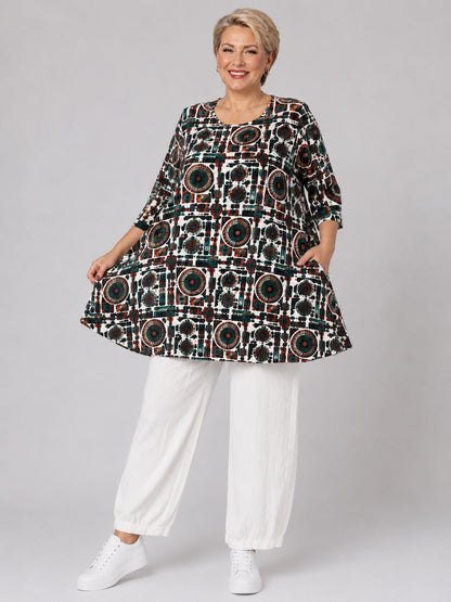 Naveed Shirt-Tunika A-Linie – grafischer Print in Petrol, Dunkelrot & Orange – Große Größen 44–62