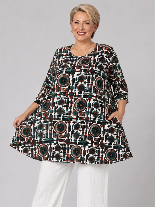 Naveed Shirt-Tunika A-Linie – grafischer Print in Petrol, Dunkelrot & Orange – Große Größen 44–62
