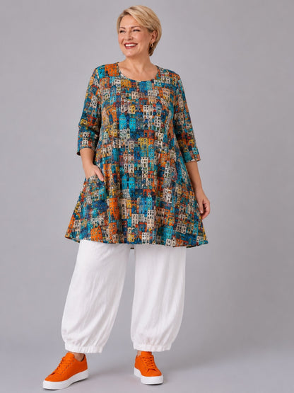 Naveed Shirt-Tunika A-Linie – Häuser-Print Mediterran in Petrol, Orange & Gelb – Große Größen 44–62
