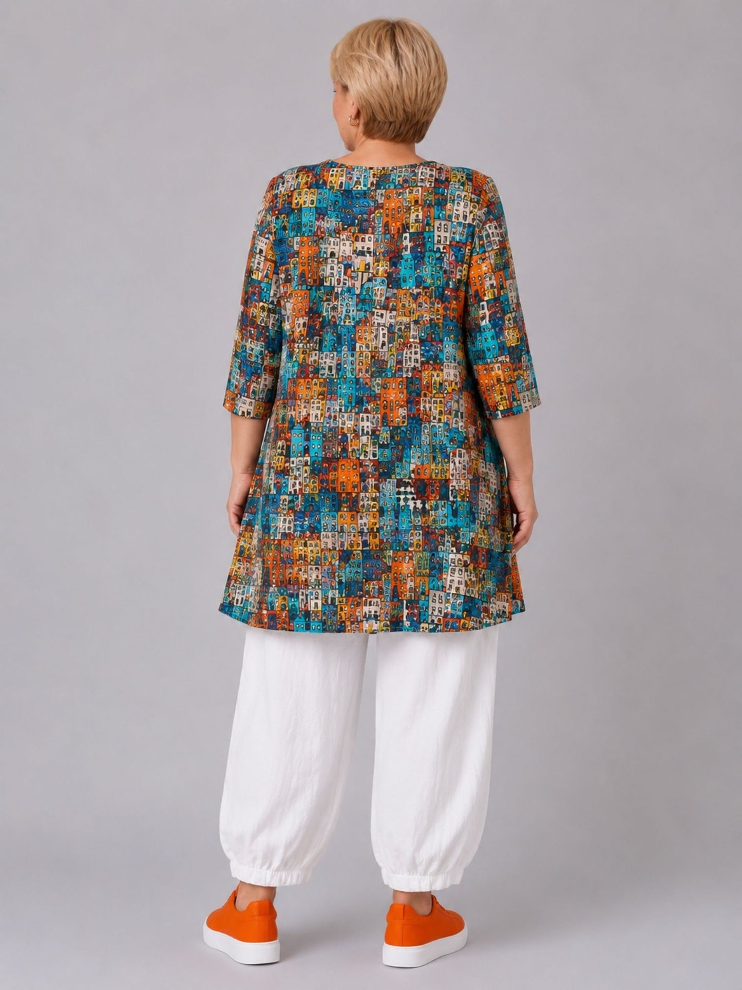 Naveed Shirt-Tunika A-Linie – Häuser-Print Mediterran in Petrol, Orange & Gelb – Große Größen 44–62