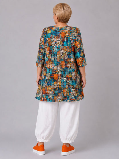 Naveed Shirt-Tunika A-Linie – Häuser-Print Mediterran in Petrol, Orange & Gelb – Große Größen 44–62
