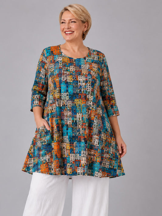 Naveed Shirt-Tunika A-Linie – Häuser-Print Mediterran in Petrol, Orange & Gelb – Große Größen 44–62