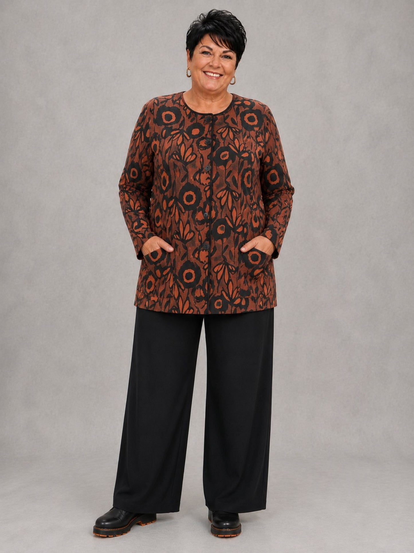 Pont Neuf Jacke Bambus-Viskose Blumendruck – Terracotta/Schwarz Gr. 46–56