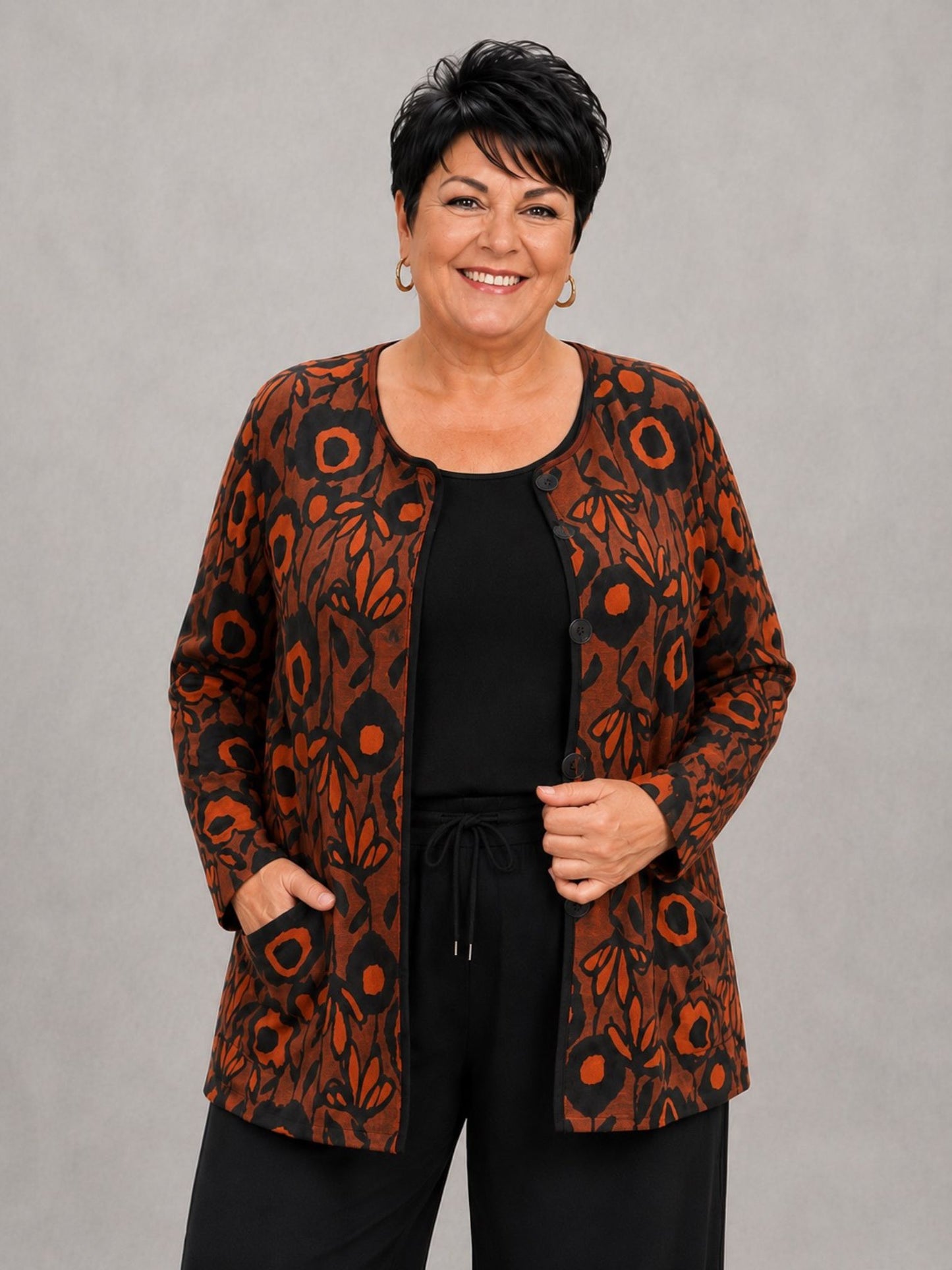 Pont Neuf Jacke Bambus-Viskose Blumendruck – Terracotta/Schwarz Gr. 46–56