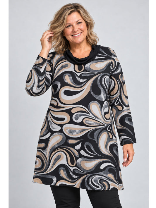 Schwarze Tunika von Pont Neuf mit grafischem Muster in Beige und Grau und schwarzem Kragen, Vorderansicht