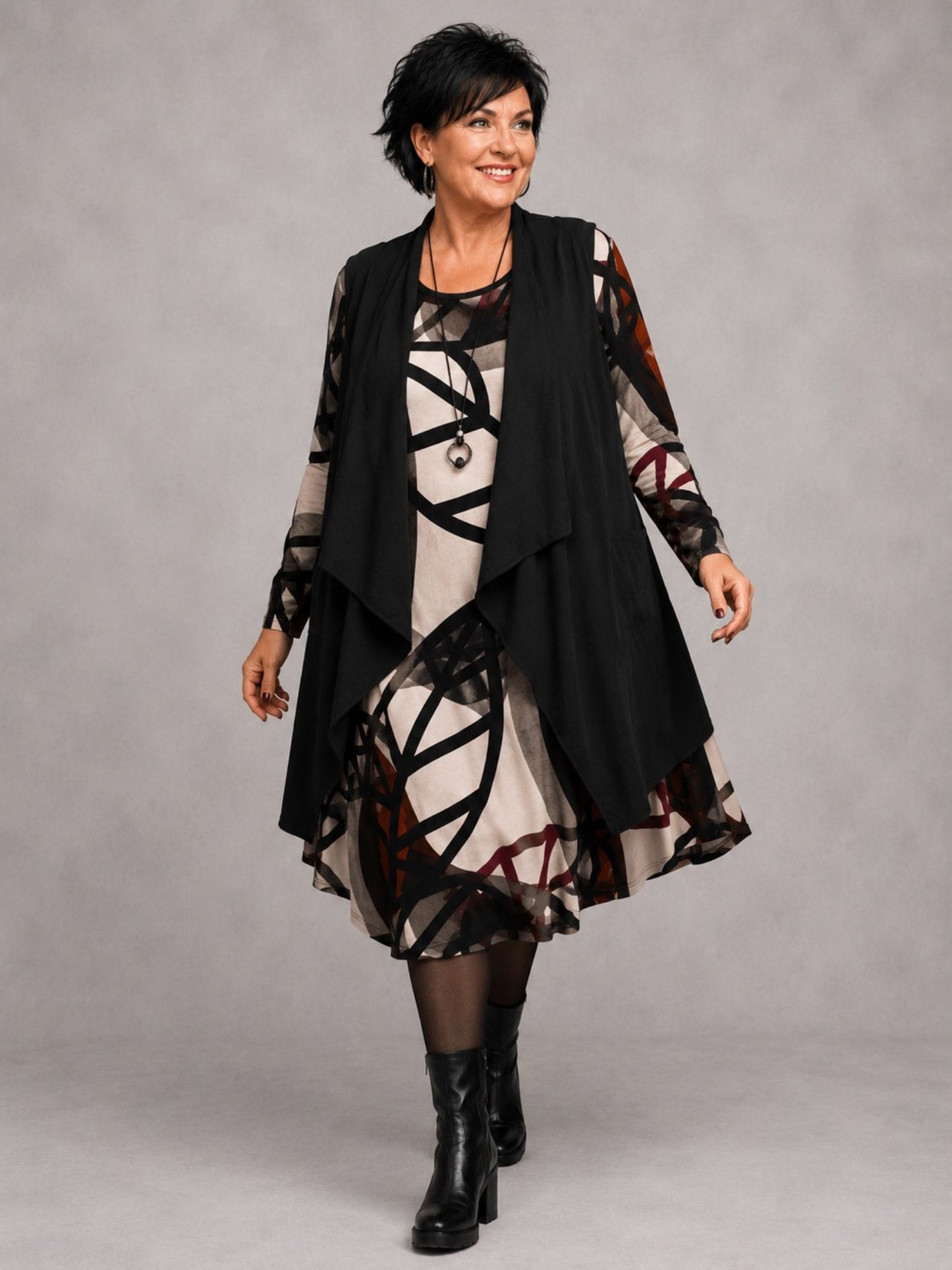 Pont Neuf Kleid A-Linie Bambus-Viskose mit Netzeinsatz – Beige, Terracotta & Schwarz Gr. 46–56