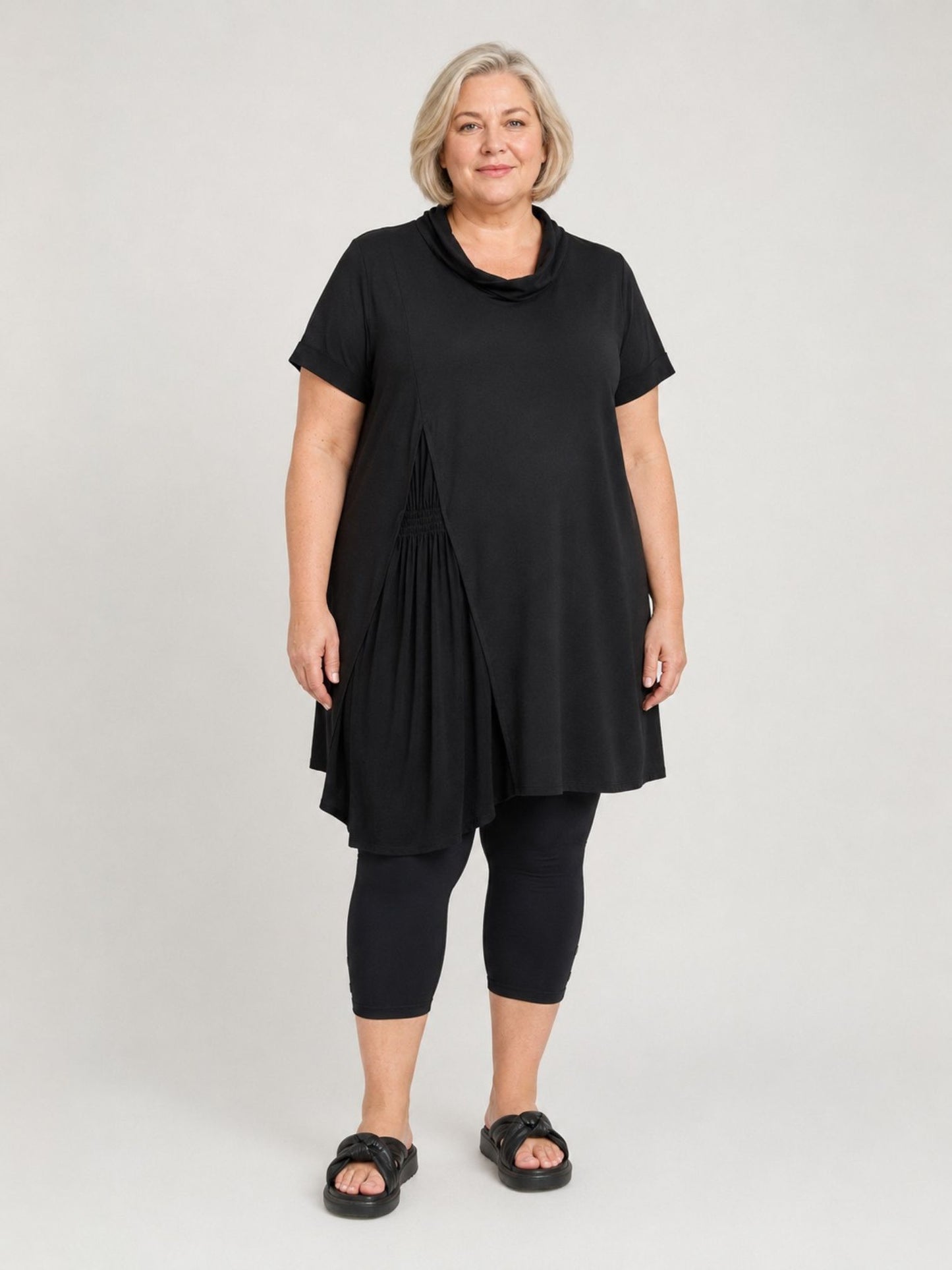 Pont Neuf Long-Tunika Viskose mit Wasserfallkragen A-Linie – Schwarz Gr. M–3XL (42–56)